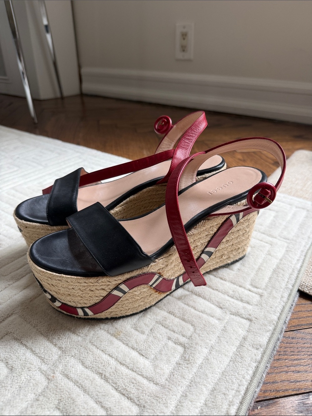 Gucci Black and Red Espadrille Wedge Sandals